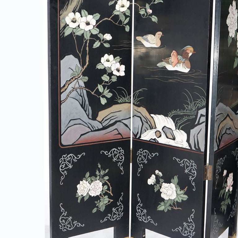 Ebonized Chinoiserie Decorated Four Panel Landscape Screen with Garden, 20th C