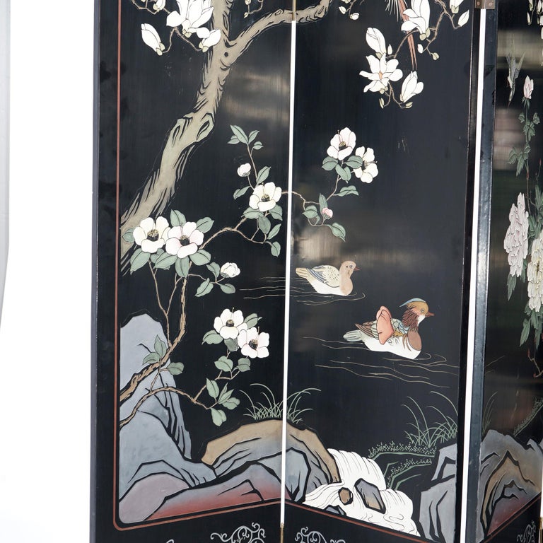Ebonized Chinoiserie Decorated Four Panel Landscape Screen with Garden, 20th C