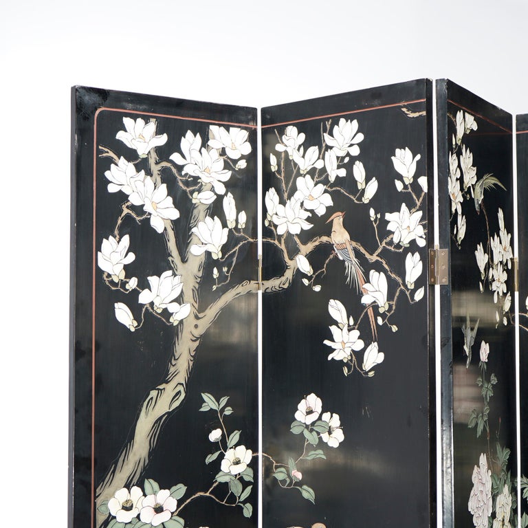 Ebonized Chinoiserie Decorated Four Panel Landscape Screen with Garden, 20th C