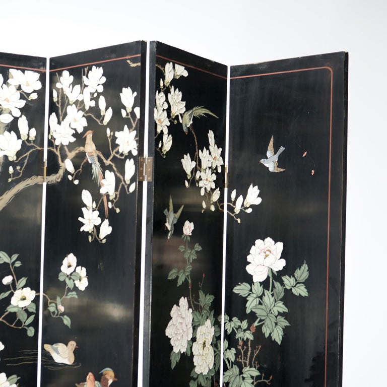 Ebonized Chinoiserie Decorated Four Panel Landscape Screen with Garden, 20th C