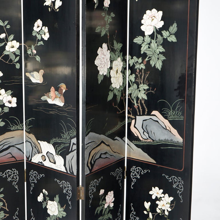 Ebonized Chinoiserie Decorated Four Panel Landscape Screen with Garden, 20th C