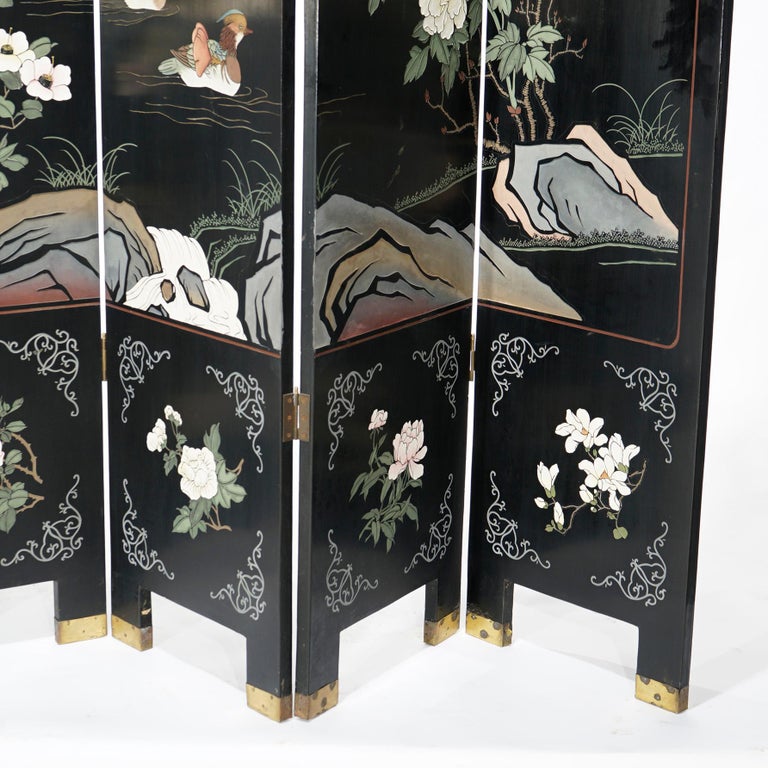 Ebonized Chinoiserie Decorated Four Panel Landscape Screen with Garden, 20th C