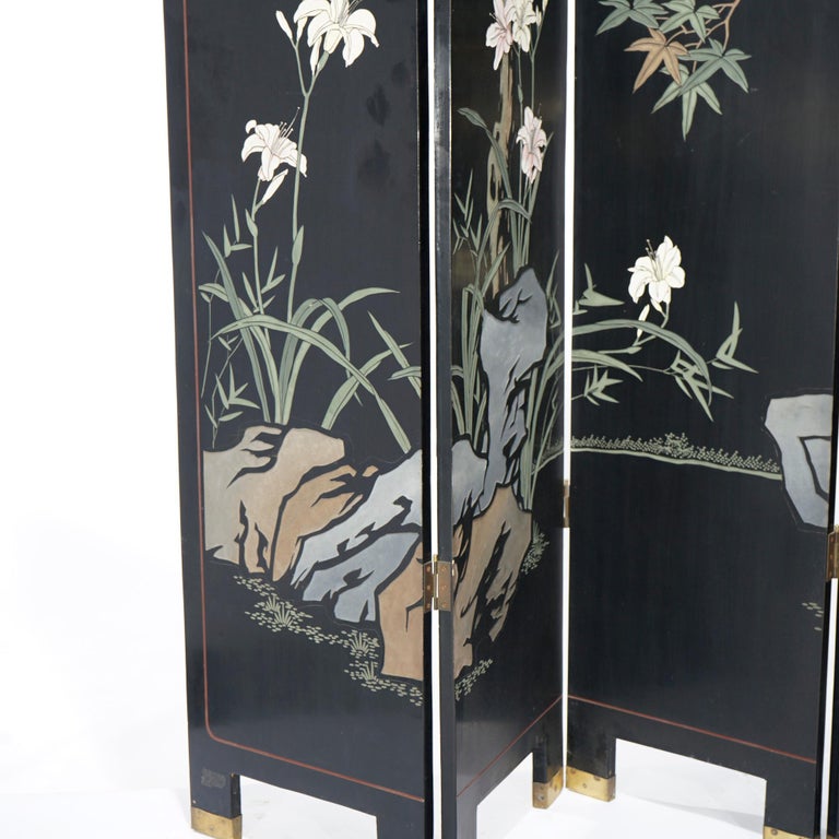 Ebonized Chinoiserie Decorated Four Panel Landscape Screen with Garden, 20th C