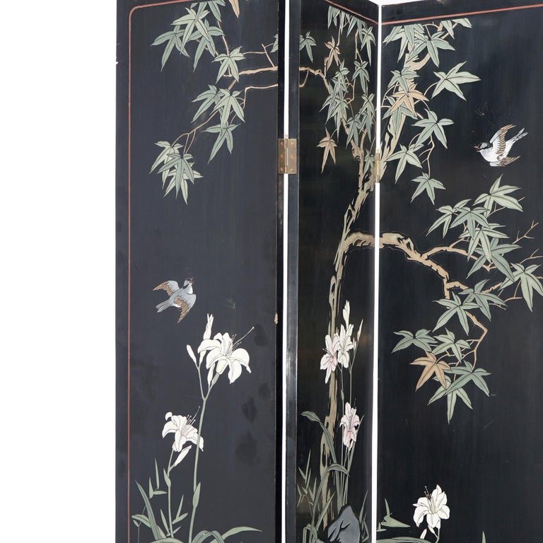 Ebonized Chinoiserie Decorated Four Panel Landscape Screen with Garden, 20th C