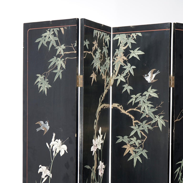 Ebonized Chinoiserie Decorated Four Panel Landscape Screen with Garden, 20th C