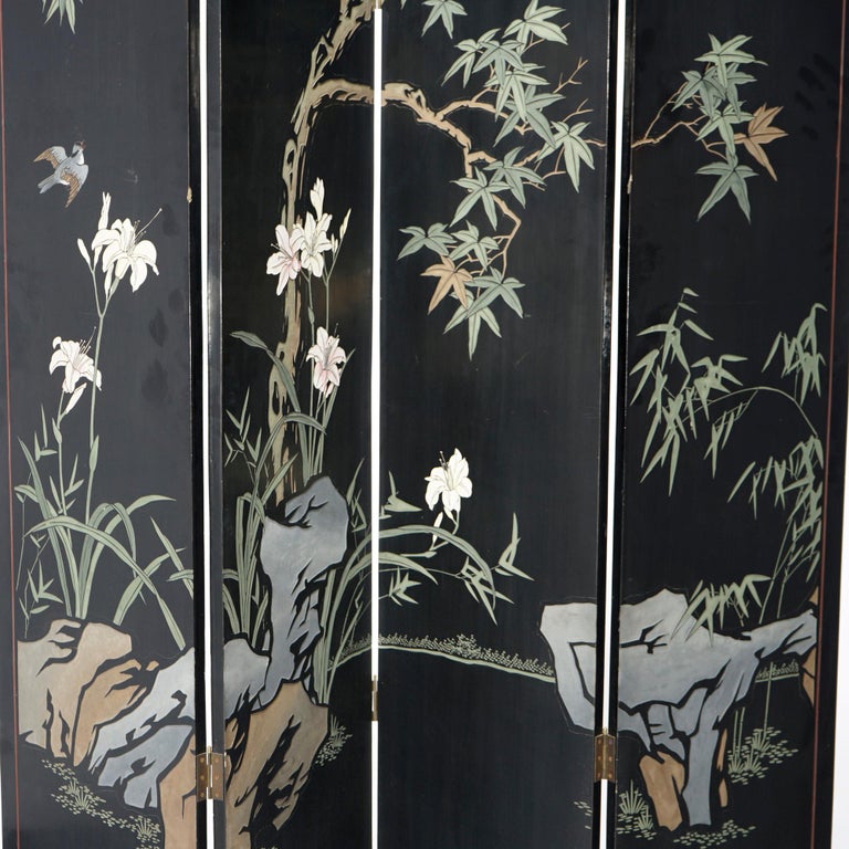 Ebonized Chinoiserie Decorated Four Panel Landscape Screen with Garden, 20th C