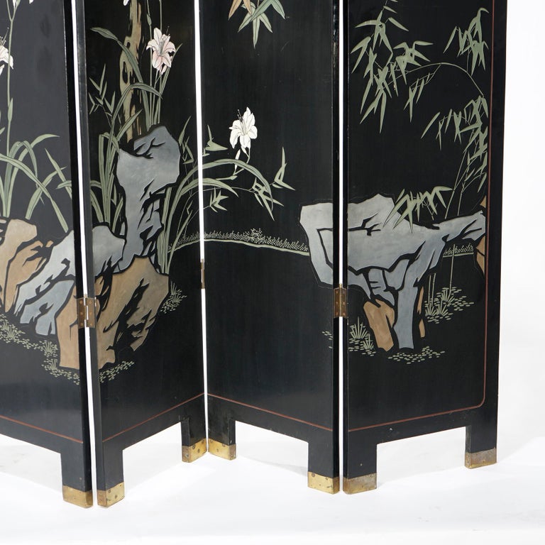 Ebonized Chinoiserie Decorated Four Panel Landscape Screen with Garden, 20th C