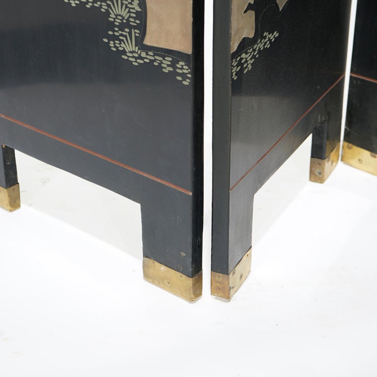 Ebonized Chinoiserie Decorated Four Panel Landscape Screen with Garden, 20th C
