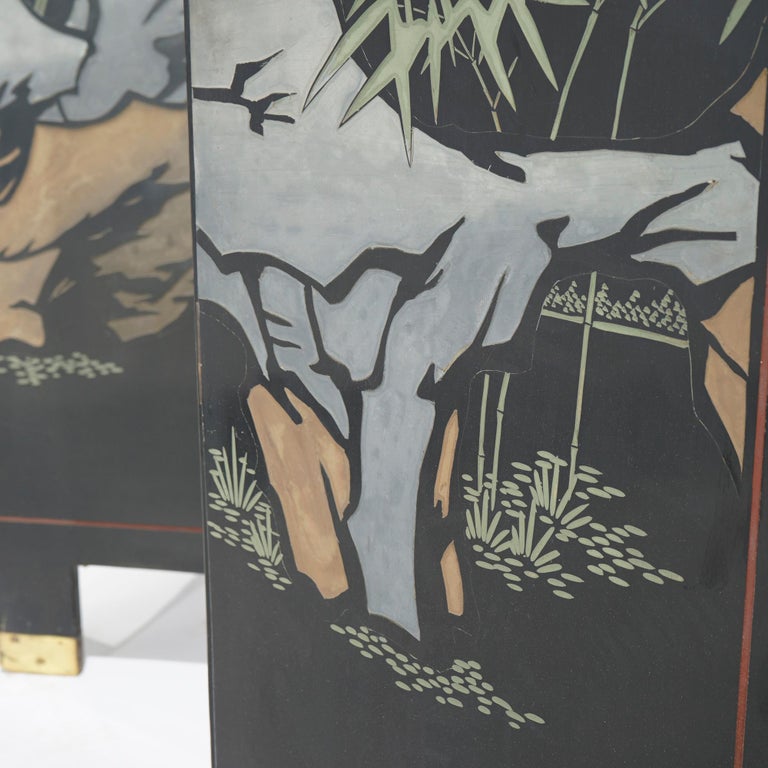 Ebonized Chinoiserie Decorated Four Panel Landscape Screen with Garden, 20th C