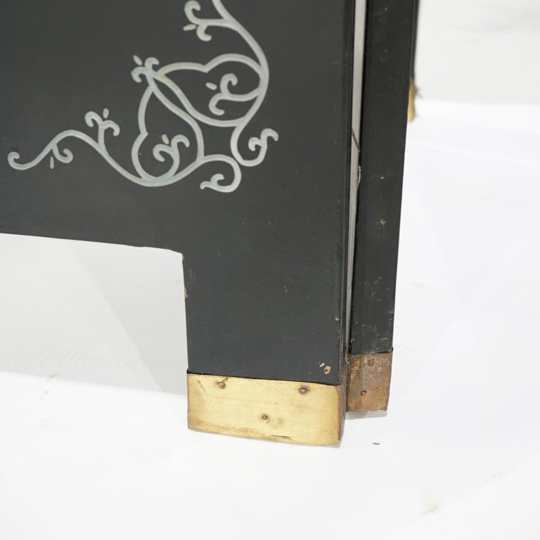 Ebonized Chinoiserie Decorated Four Panel Landscape Screen with Garden, 20th C