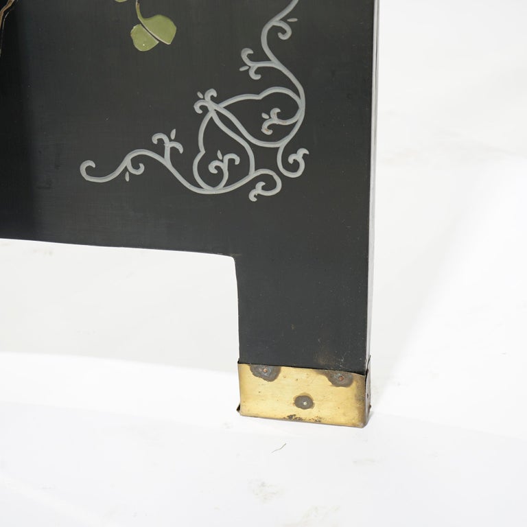 Ebonized Chinoiserie Decorated Four Panel Landscape Screen with Garden, 20th C