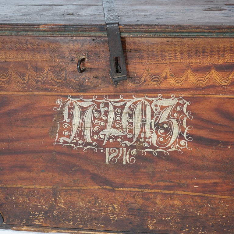 Antique Folk Art Grain Painted Blanket Chest with Strap Hinges, Dated 1846
