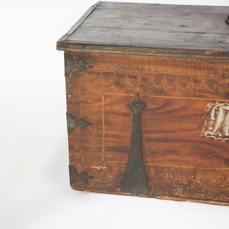 Antique Folk Art Grain Painted Blanket Chest with Strap Hinges, Dated 1846