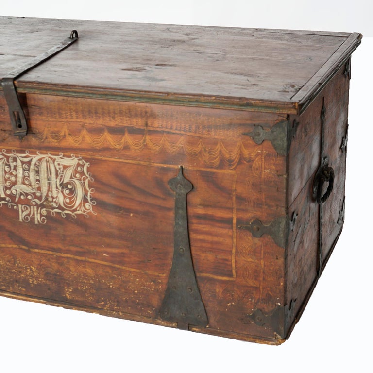 Antique Folk Art Grain Painted Blanket Chest with Strap Hinges, Dated 1846