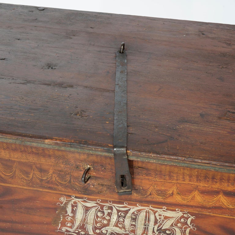 Antique Folk Art Grain Painted Blanket Chest with Strap Hinges, Dated 1846