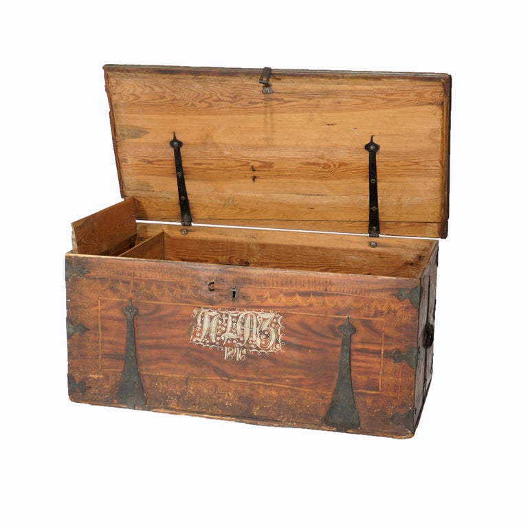 Antique Folk Art Grain Painted Blanket Chest with Strap Hinges, Dated 1846
