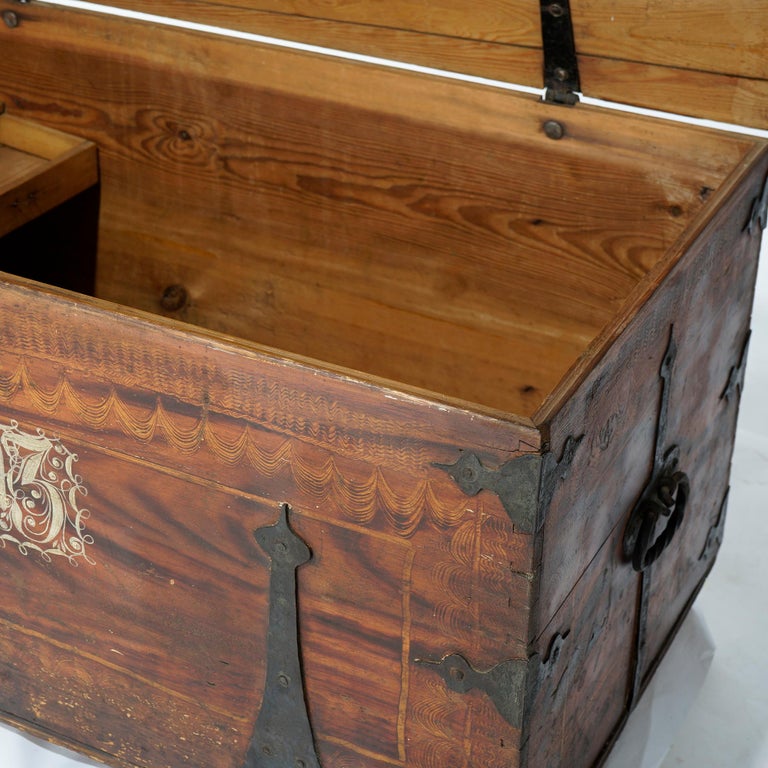 Antique Folk Art Grain Painted Blanket Chest with Strap Hinges, Dated 1846