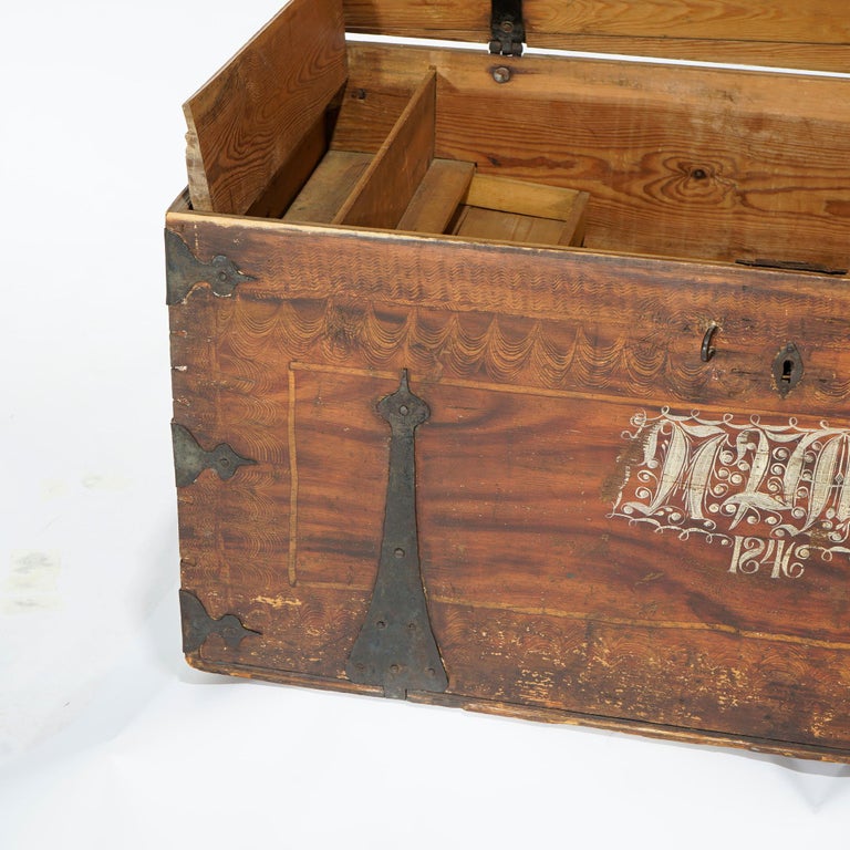 Antique Folk Art Grain Painted Blanket Chest with Strap Hinges, Dated 1846