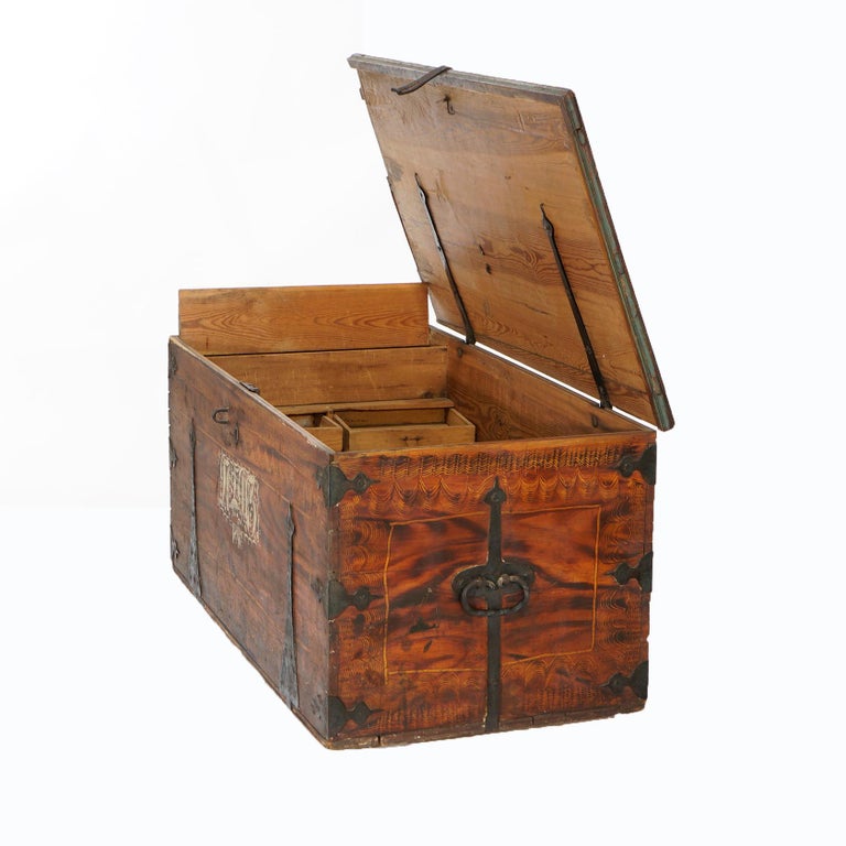 Antique Folk Art Grain Painted Blanket Chest with Strap Hinges, Dated 1846