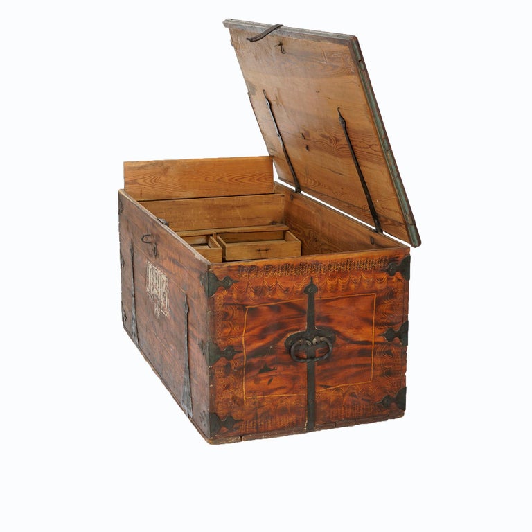 Antique Folk Art Grain Painted Blanket Chest with Strap Hinges, Dated 1846