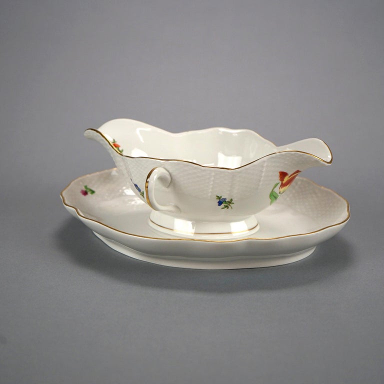 Herend Porcelain Double Handled Gravy Sauce Boat with Painted Flowers, 20th C