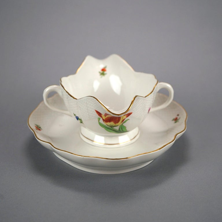 Herend Porcelain Double Handled Gravy Sauce Boat with Painted Flowers, 20th C