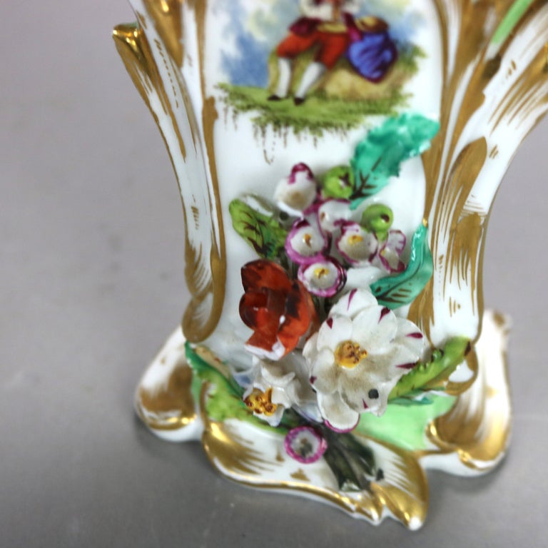 Pair Antique Old Paris Porcelain Spill Vases with Figural & Floral Decoration