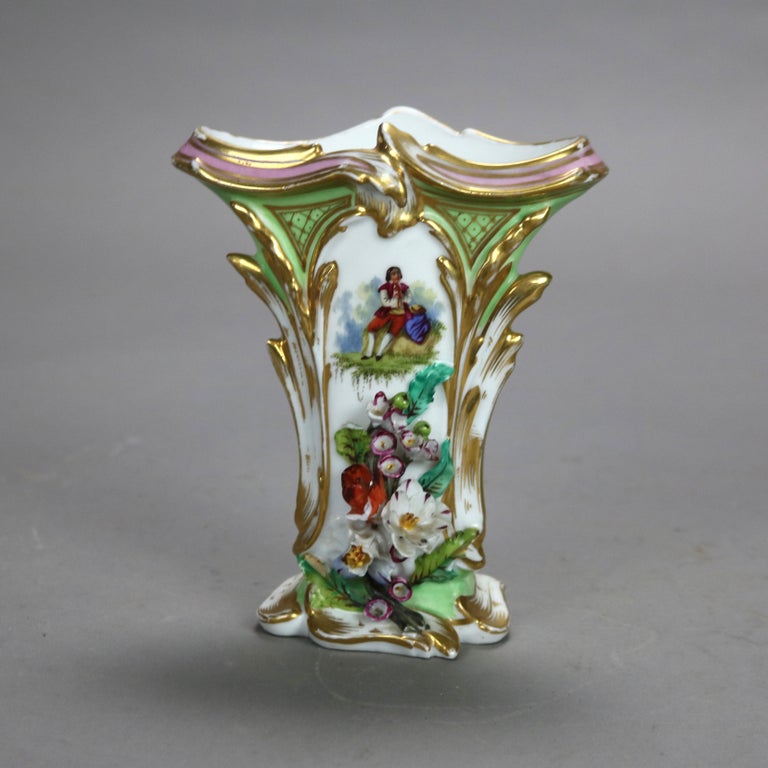 Pair Antique Old Paris Porcelain Spill Vases with Figural & Floral Decoration
