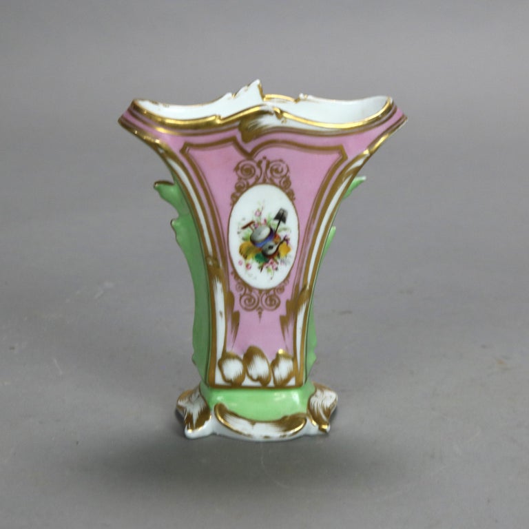 Pair Antique Old Paris Porcelain Spill Vases with Figural & Floral Decoration