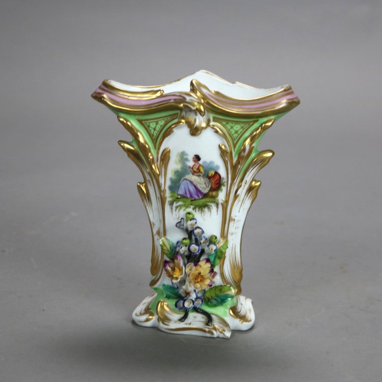 Pair Antique Old Paris Porcelain Spill Vases with Figural & Floral Decoration