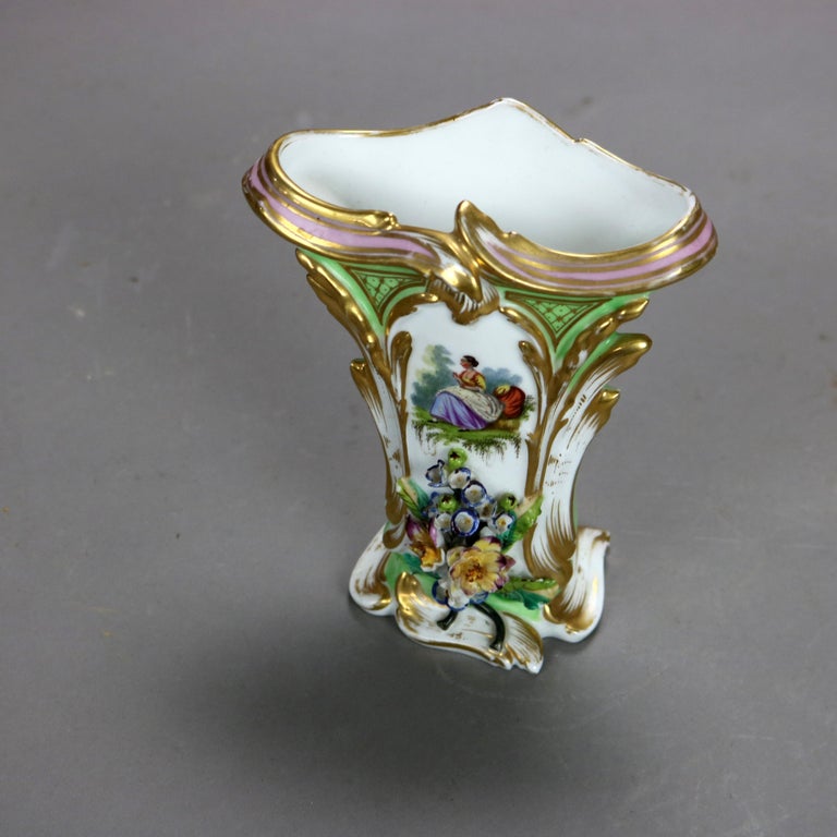 Pair Antique Old Paris Porcelain Spill Vases with Figural & Floral Decoration