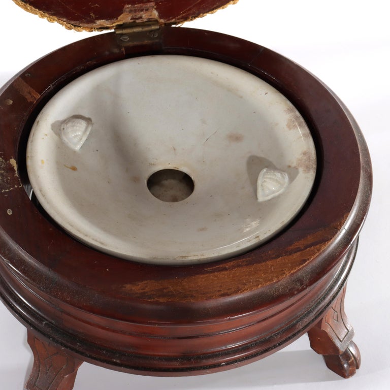 Renaissance Revival Carved Walnut Pillow Top Spittoon with Pottery Insert c1890