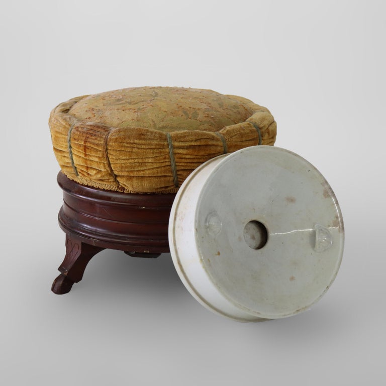 Renaissance Revival Carved Walnut Pillow Top Spittoon with Pottery Insert c1890