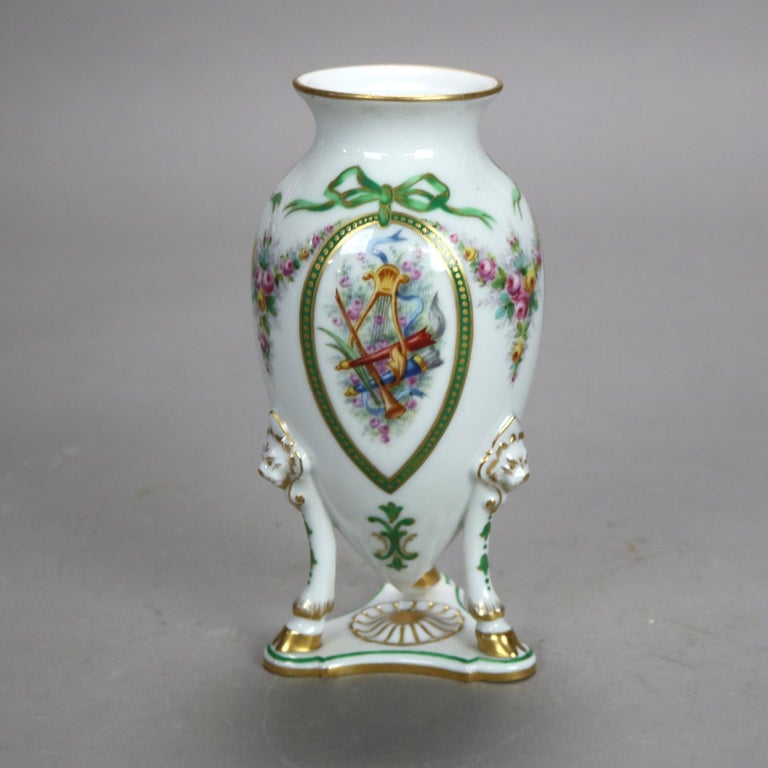 Antique Servres Hand Painted & Gilt Porcelain Vase with Hoofed Leg Base C1890