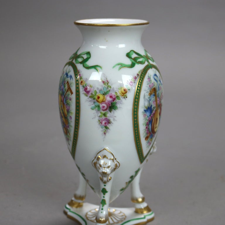 Antique Servres Hand Painted & Gilt Porcelain Vase with Hoofed Leg Base C1890