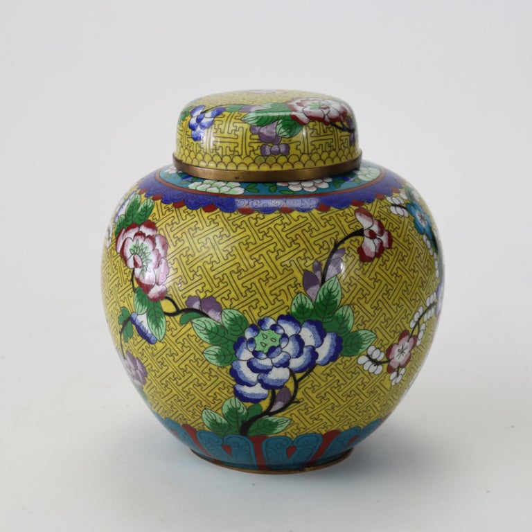 Antique Chinese Floral Cloisonne Enameled & Lidded Ginger Jar c1920