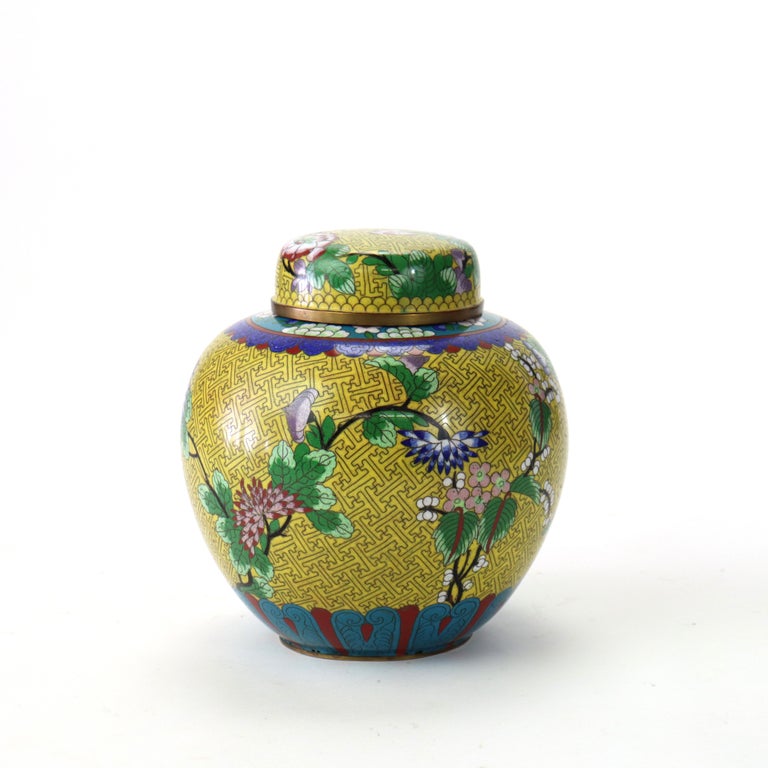 Antique Chinese Floral Cloisonne Enameled & Lidded Ginger Jar c1920