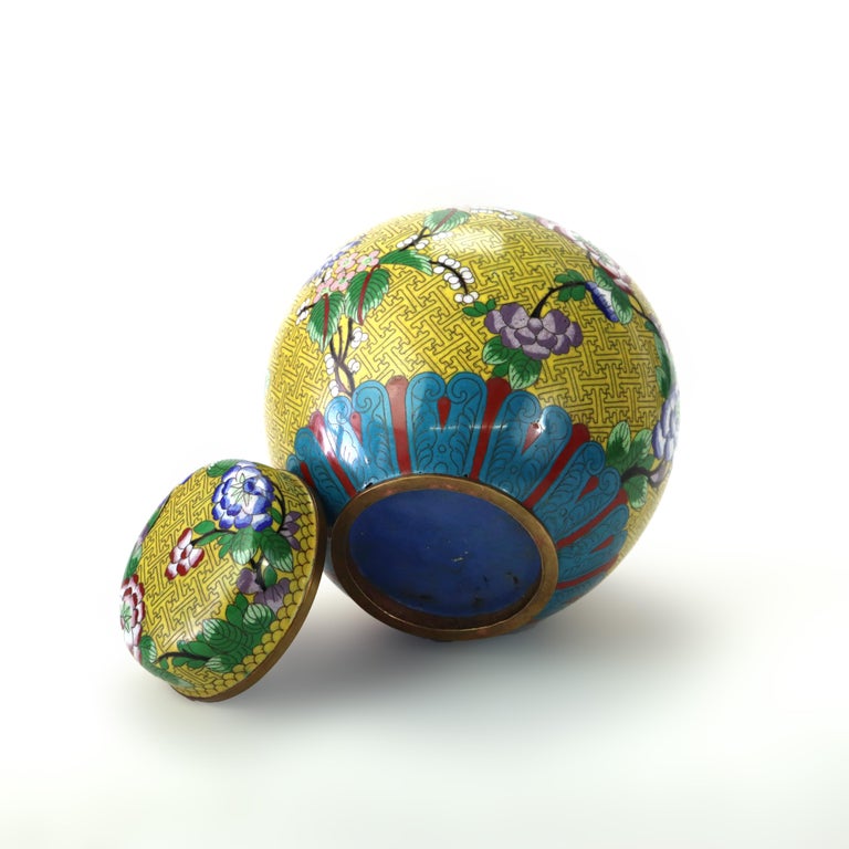 Antique Chinese Floral Cloisonne Enameled & Lidded Ginger Jar c1920