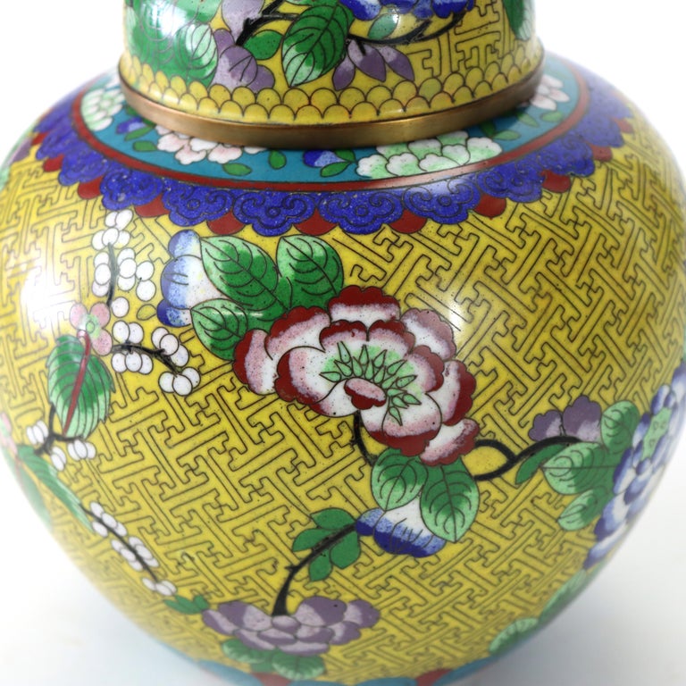 Antique Chinese Floral Cloisonne Enameled & Lidded Ginger Jar c1920