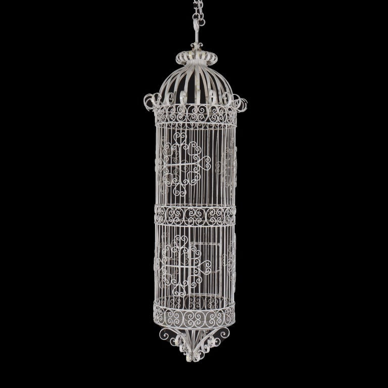 Victorian Wire Hanging Garden Birdcage, White Painted, C1900