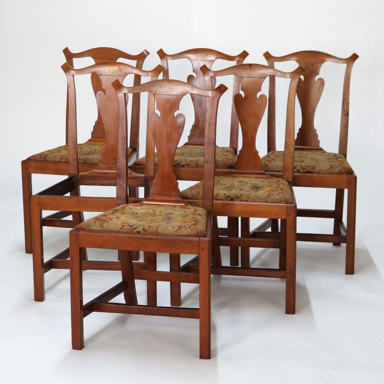 Six Antique Chippendale Cherry Slat-Back Dining Chairs with Tapestry Seats C1800