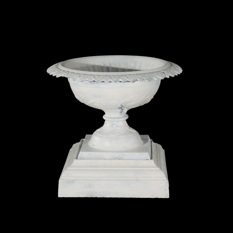 Antique Grecian Style Cast Iron Garden Urn, White Painted, C1900