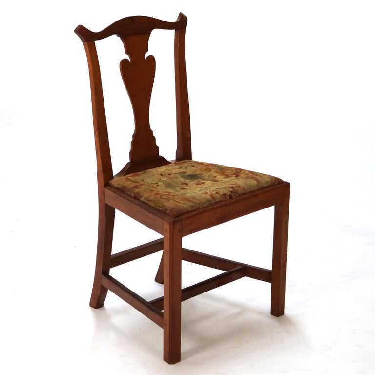Six Antique Chippendale Cherry Slat-Back Dining Chairs with Tapestry Seats C1800