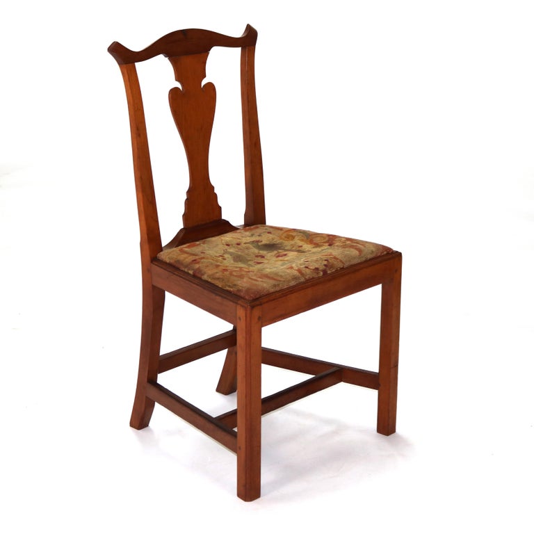 Six Antique Chippendale Cherry Slat-Back Dining Chairs with Tapestry Seats C1800