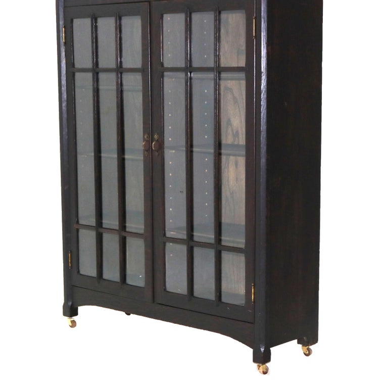 Antique Stickley School Arts & Crafts Mission Oak Double Door Bookcase C1910