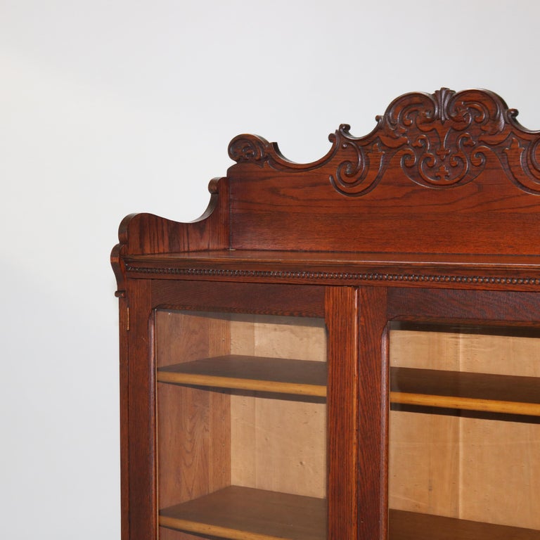Antique Arts & Crafts Pressed & Carved Oak Double Door Bookcase C1920