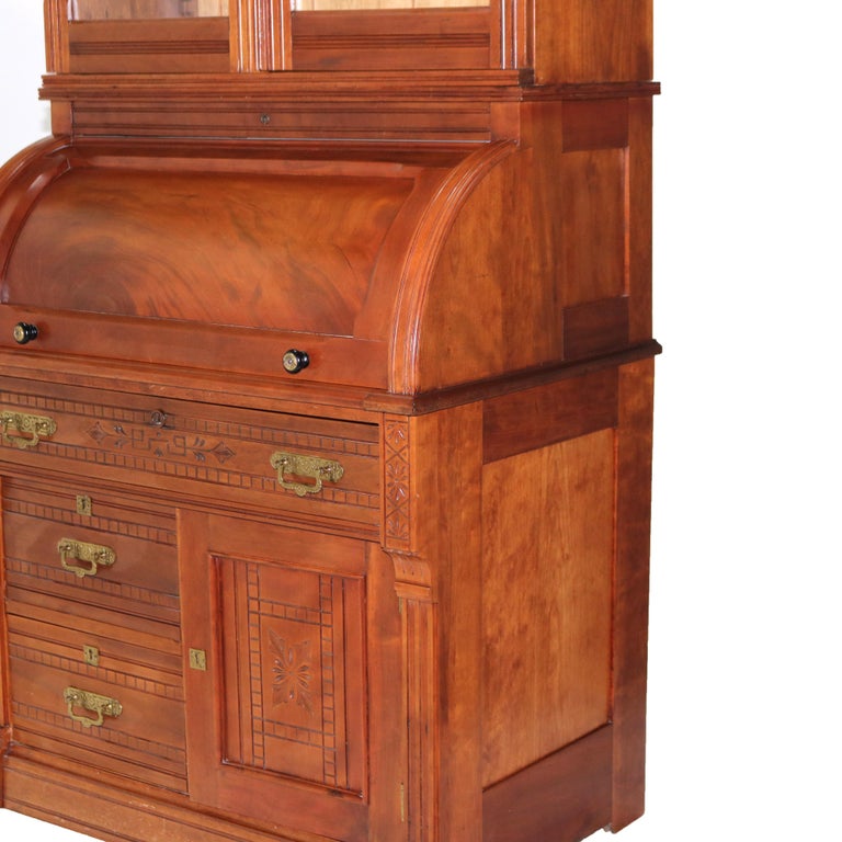 Antique Victorian Eastlake Cherry & Burl Barrel Roll Top Secretary Desk C1890