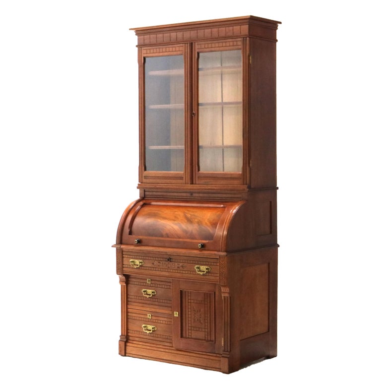 Antique Victorian Eastlake Cherry & Burl Barrel Roll Top Secretary Desk C1890