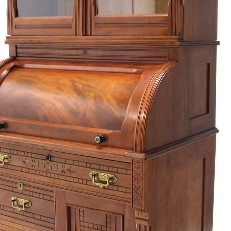 Antique Victorian Eastlake Cherry & Burl Barrel Roll Top Secretary Desk C1890