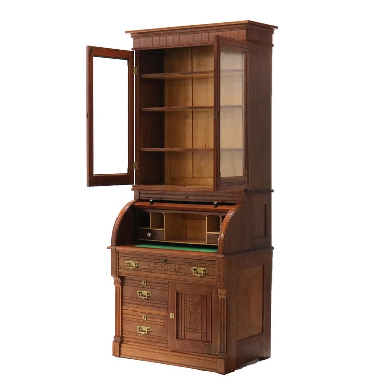 Antique Victorian Eastlake Cherry & Burl Barrel Roll Top Secretary Desk C1890